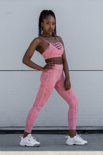 Womens Pink Marble 2pc Gym & Training Leggings Set Strappy Sports Bra L - Afbeelding 2 van 5