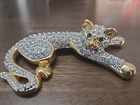Vintage Costume Jewelry Shoulder Brooch Cat Rhinestone Green Gold Sitting Glam