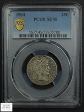 1904 Barber Silver Quarter 25C PCGS XF 45