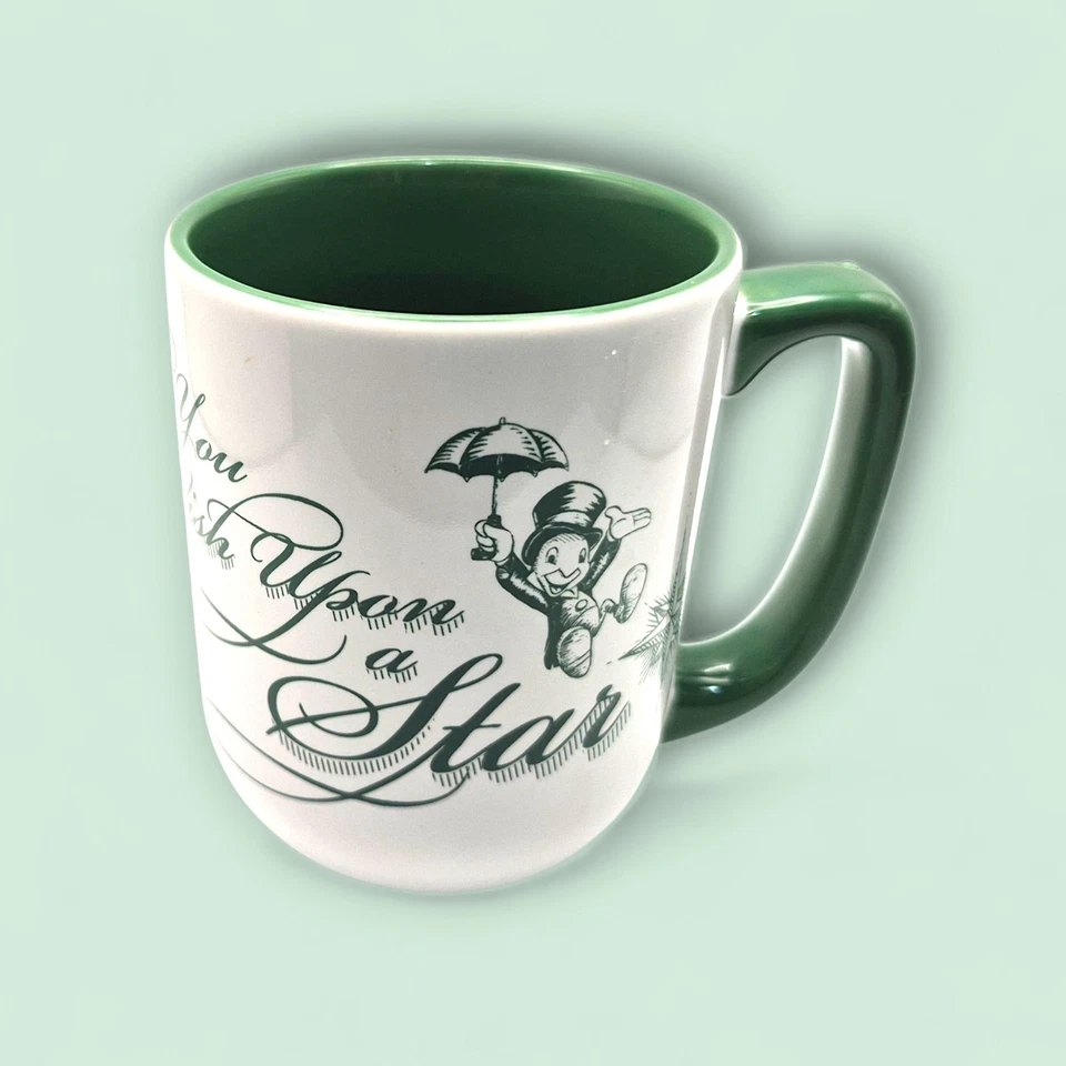 Taza Parques Disney Jiminy Cricket When You Wish Upon a Star 16 oz Blanco Verde Taza Foto 2 de 4