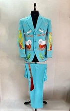 Men Blue 2Pc Customized Vintage Western Suit Cactus Embroidered Cowboy Wear Set