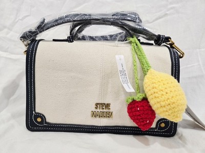 Steve Madden Satchel Top Handle Bag Crochet Fruit Charm Ivory Navy Embroidered