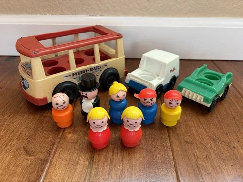 Vintage Fisher Price Little People Lot Figures Vehicles Mini Bus - Well Loved!