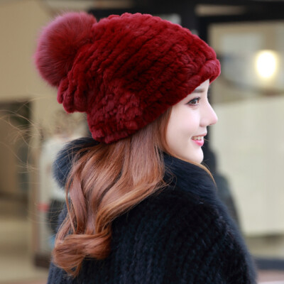 Real Rabbit Fur Hat Women's Winter Warm Knitted Strech Beanies Outdoor Ski Cap