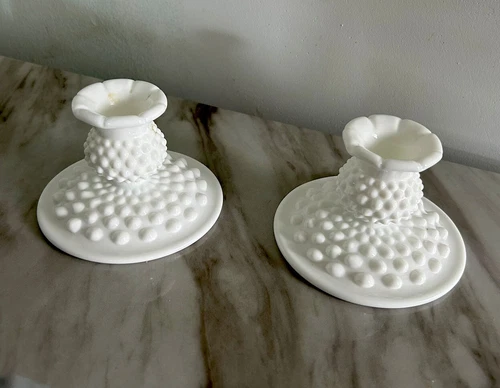 Set Of 2 Vintage Fenton White Hobnail Tapered Candlestick Holders