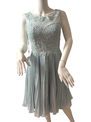 JJ s House Cocktail Dress 4 Blue Green Lace Chiffon Pleats Sleeveless Party NWT