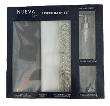 Nueva Spa 5 Piece Bath Set, Curtain, Liner,Hooks, Soap Pump,Tumbler- Grey