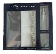 Nueva Spa 5 Piece Bath Set, Curtain, Liner,Hooks, Soap Pump,Tumbler- Grey