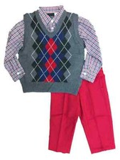 TFW Toddler Boys Suit Gray Argyle Vest Plaid Shirt  Red Pants Set Outfit