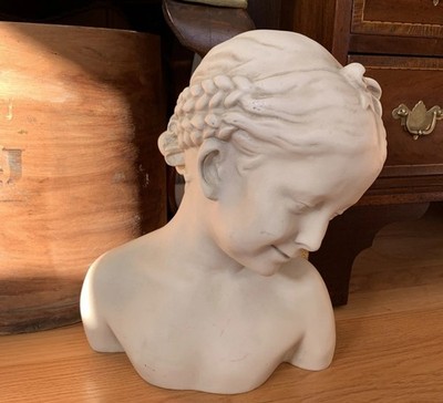Classical Bust Of Girl With Braids White Faux Plaster Composite House Parts Inc