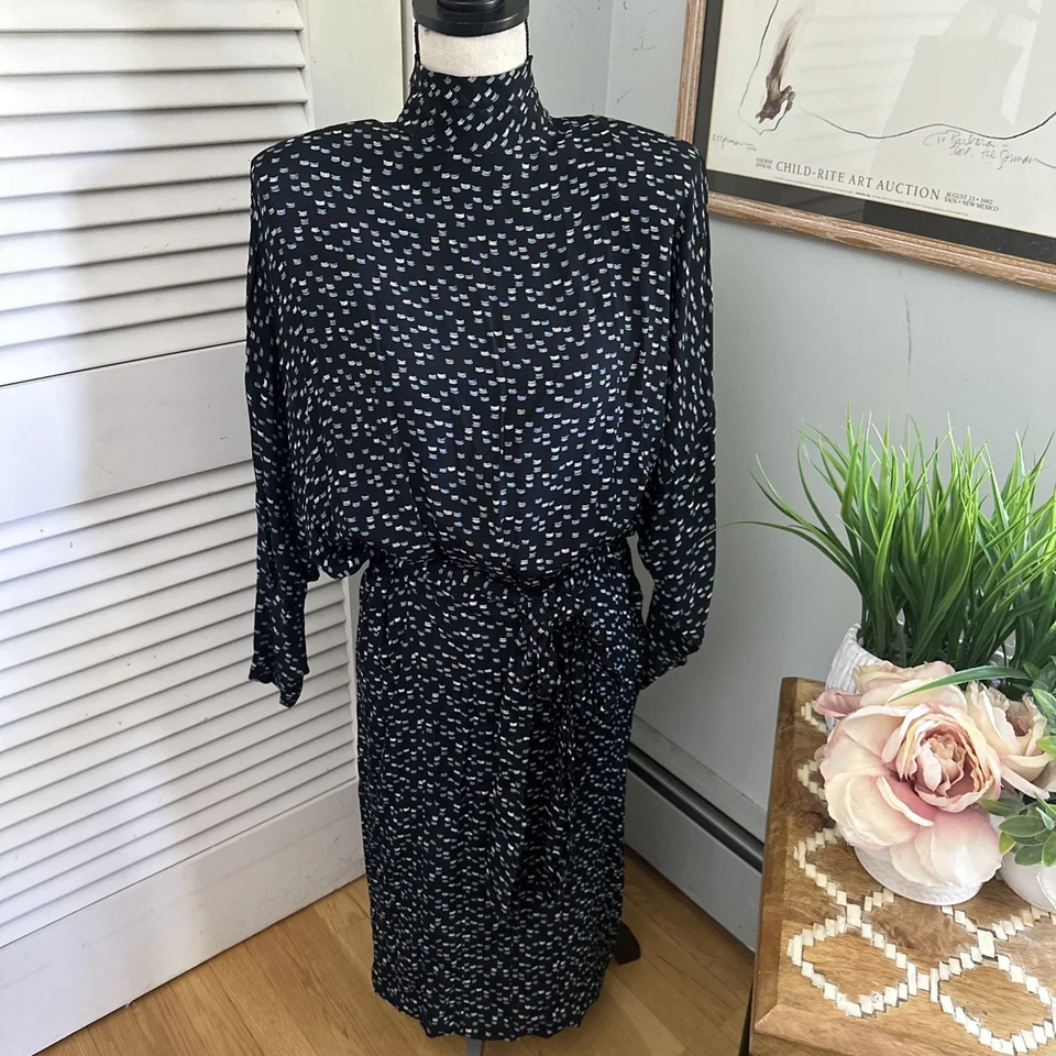 Винтажный 80-х NICOLE MILLER 2 женское платье синий подпоясанный Midi доломан рукав - Изображение 2 из 4