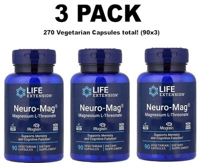 Magtein, 3 PACK, Neuro-Mag Magnesium L-Threonate, 90 Vegetarian Capsules each