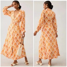 Anthropologie Maeve Printed Wrap Shirt Dress Size 10 Orange Long Sleeve Floral