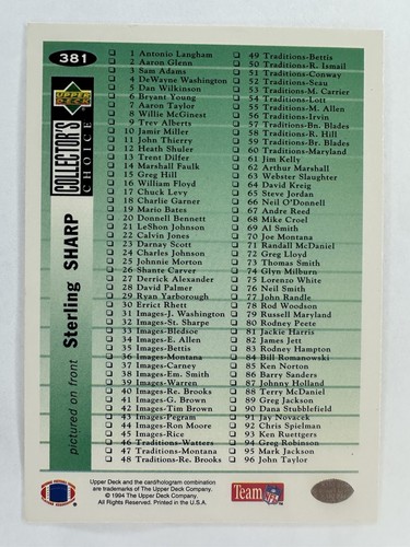 1994 Upper Deck Collector's Choice Checklist Silver Sterling Sharpe #381 PACKERS - Picture 2 of 2