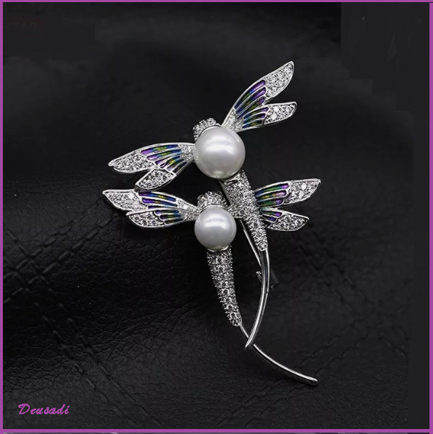 Broche Libélula Insignia Estilo Art Deco Plata Cristal En Colores
