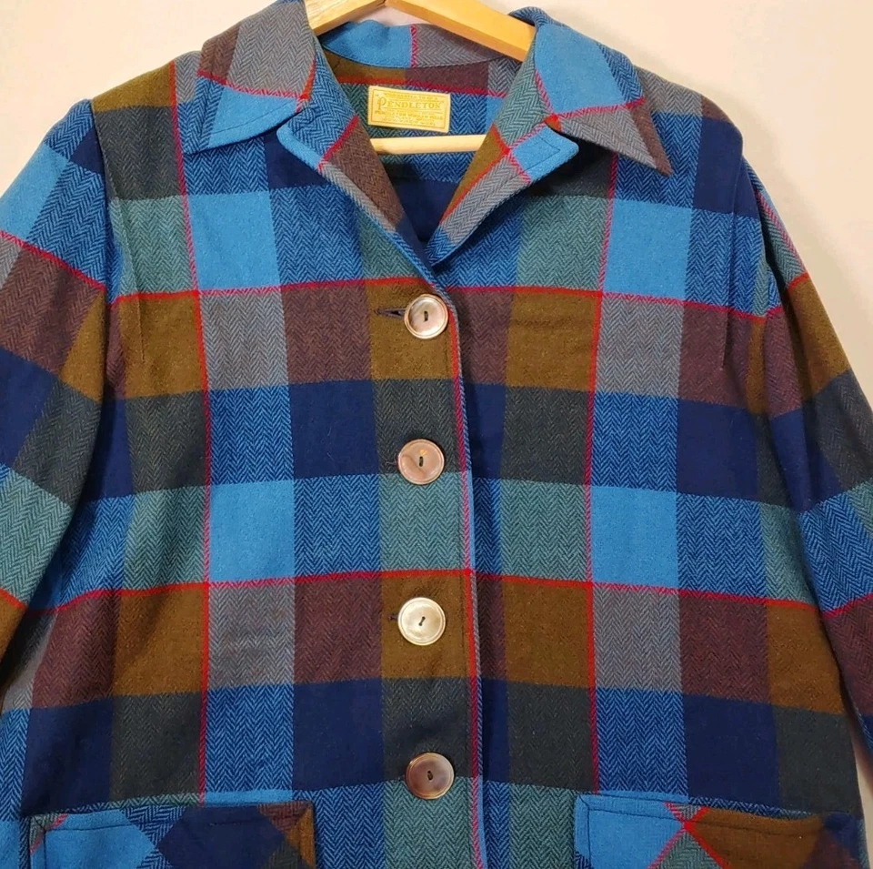Chaqueta Blazer Pendleton Vintage Lana Virgen 49er Años 50-60 Mujer Azul Medio Foto 2 de 4