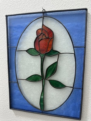 Stained Glass Window Panel Suncatcher Beauty & The Beast Rose Flower 16x12