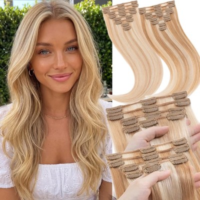 Clip In Hair Extensions 100% Real Remy Human Hair 8Pieces Full Head Highlight