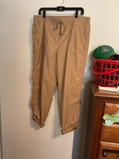 Talbots Womens Cropped Pants Size 14 Khaki Drawstring Waist Pockets