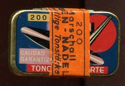 Grammophon-Nadeldose ''Tono muy fuerte'' 200 Marschall Kolben-Nadeln, gefüllt, ver