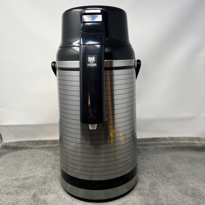 Vtg TIGER  Thermos Satin Silver & Black Automatic Vacuum Jug 3 Liter Good Cond