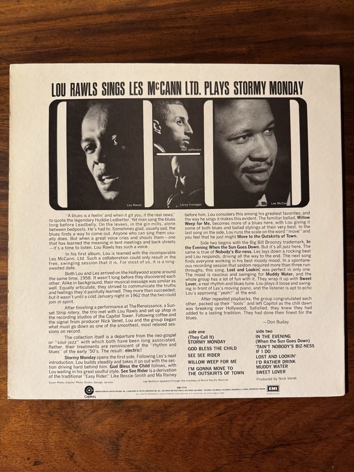 Lou Rawls / Les McCann Ltd.- Stormy Monday Jazz Soul 1962 Capitol SM-1714 EX - Image 2 of 4