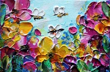 WILD FLOWERS Bees Butterflies Original Oil Painting Luiza Vizoli Modern Abstract