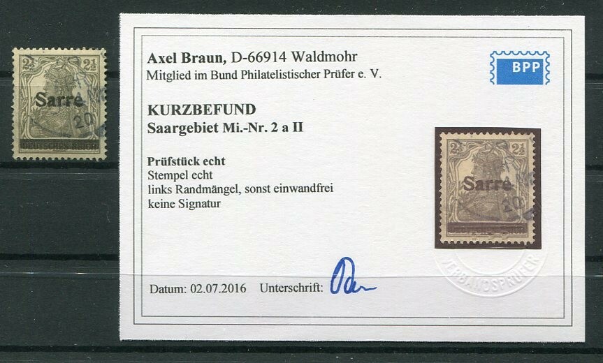 Saar 2AII Type stamped BPP certificate 1200EUR (Z6020