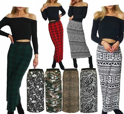 Ladies Womens Jersey Print Maxi Skirt Gypsy Bodycon Summer Dress Size 8-26