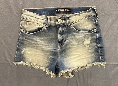 Express Jean Shorts Women's Size 2 Light Wash Mid Rise Raw Hem Distressed Denim