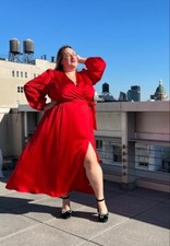 LANE BRYANT Red Holiday V-Neck Elastic Tie Waist Belted Hi-Slit Maxi Dress 18 2X