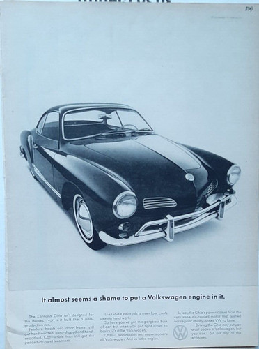 1965 VOLKSWAGEN KARMANN GHIA ORIGINAL VW ADVERTISING AD SHAME TO PUT AN ENGINE