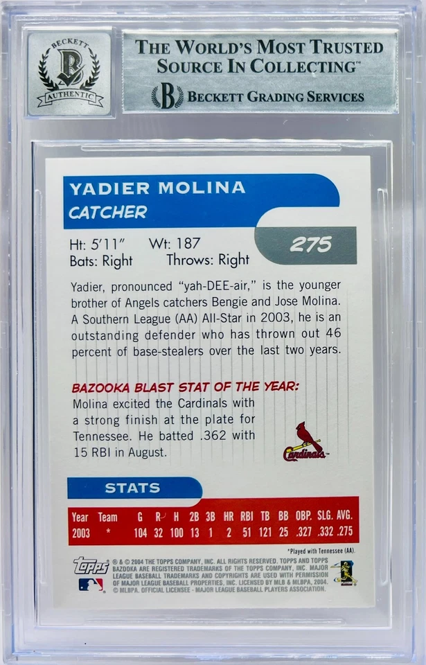 2004 Bazooka Yadier Molina Signed Cardinals #275A MLB Baseball Beckett Auto 10 - Image 2 of 2