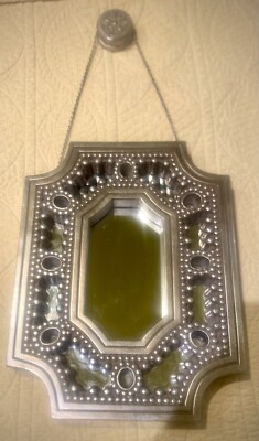 BOMBAY COMPANY WALL MIRROR Beaded SILVER Composite Framed  Medallion/ Chains Y2K