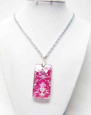 Fuchsia/White Damask Rectangle Glass Pendant Necklace