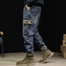 Men's Casual Tapered Jeans Distressed Denim Pants Cargo Pockets Trousers Retro