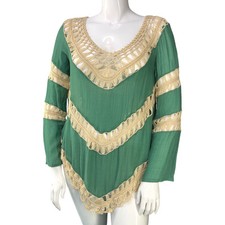 Umgee Womens Size L Blouse V Neck Long Sleeve Crochet Chevron Top Green USA Made