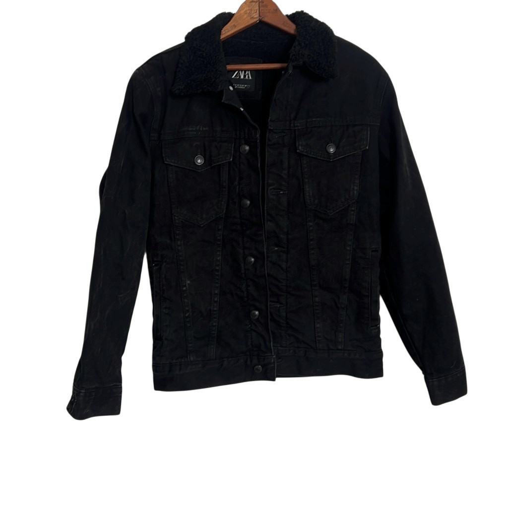 Zara Long Sleeve Lined Button Down Collared Sherpa Denim Jacket Black Size Small image 2