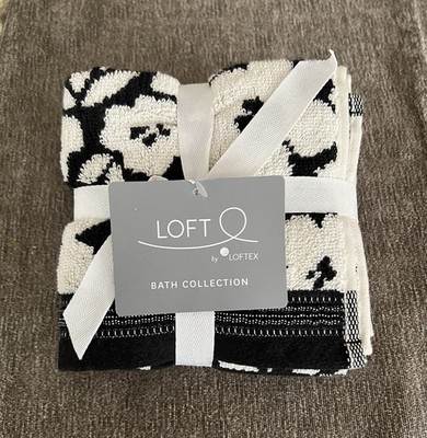 Loft by Loftex 1 Set Of 2 Hand Towels Floral Print Black Beige Off White New
