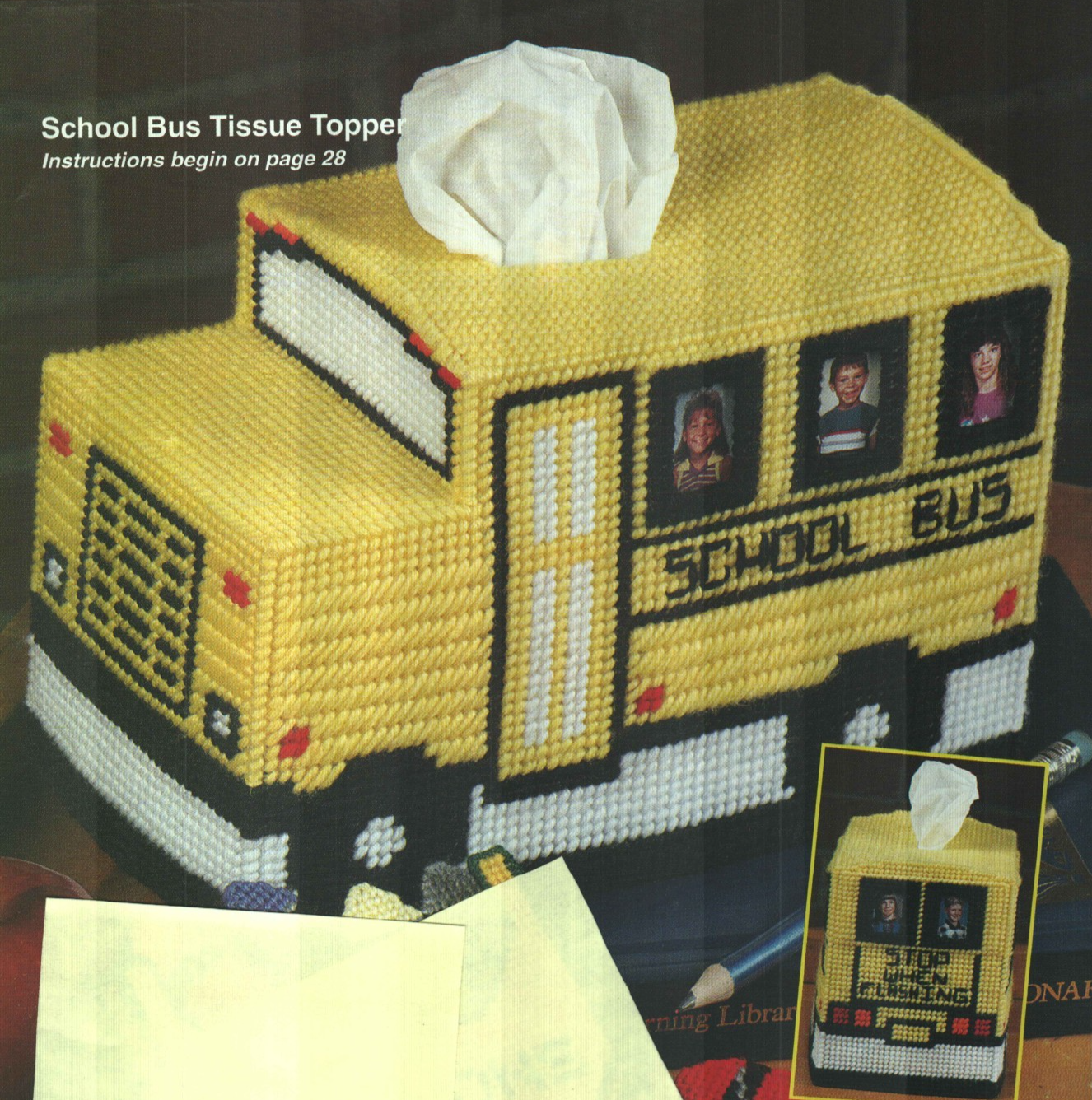 SCHOOL BUS TISSUE TOPPER COVER WITH PHOTOS PLASTIC CANVAS PATTERN ...