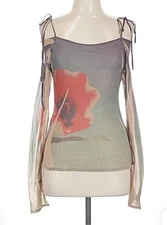 Y2k Le Donne Large Ethereal Cold Shoulder Floral Long Sleeve Top Semi Sheer