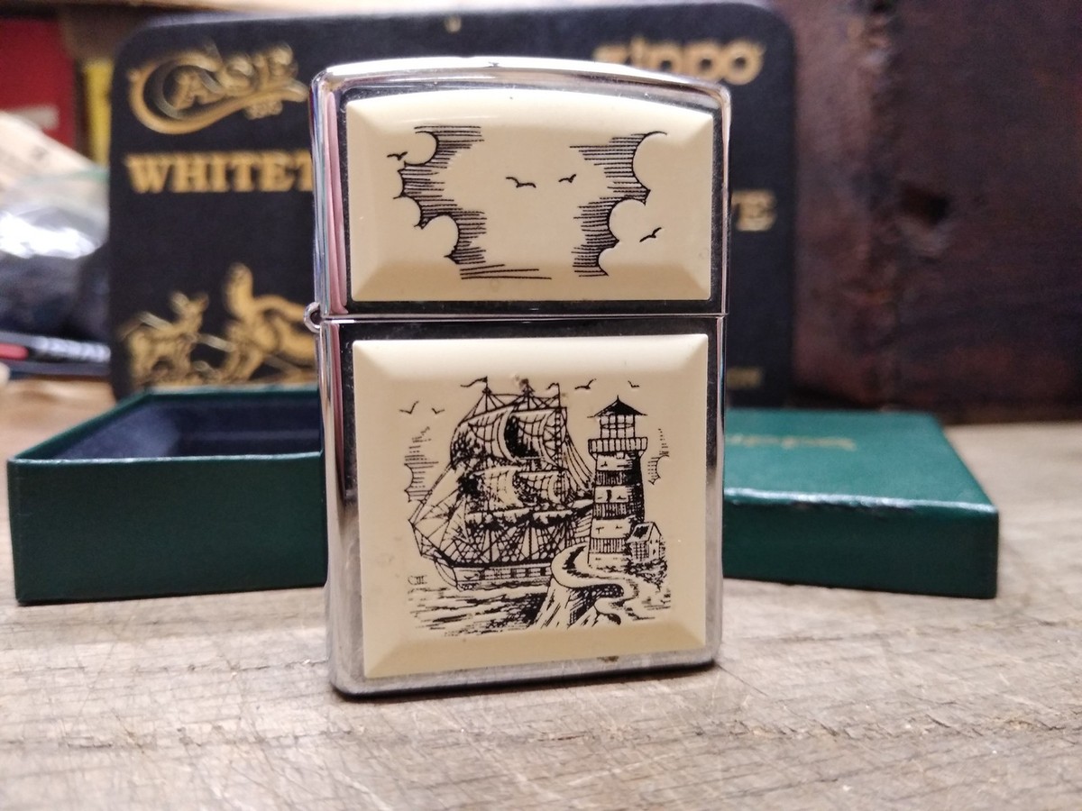 Vtg 1998 Zippo Lighter Scrimshaw Sailing Ship and Lighthouse 2