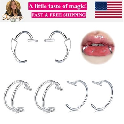 Silver Black Fake Lip Piercing Fake Lip Ring Cuffs Clip on Faux Snake Bites H...