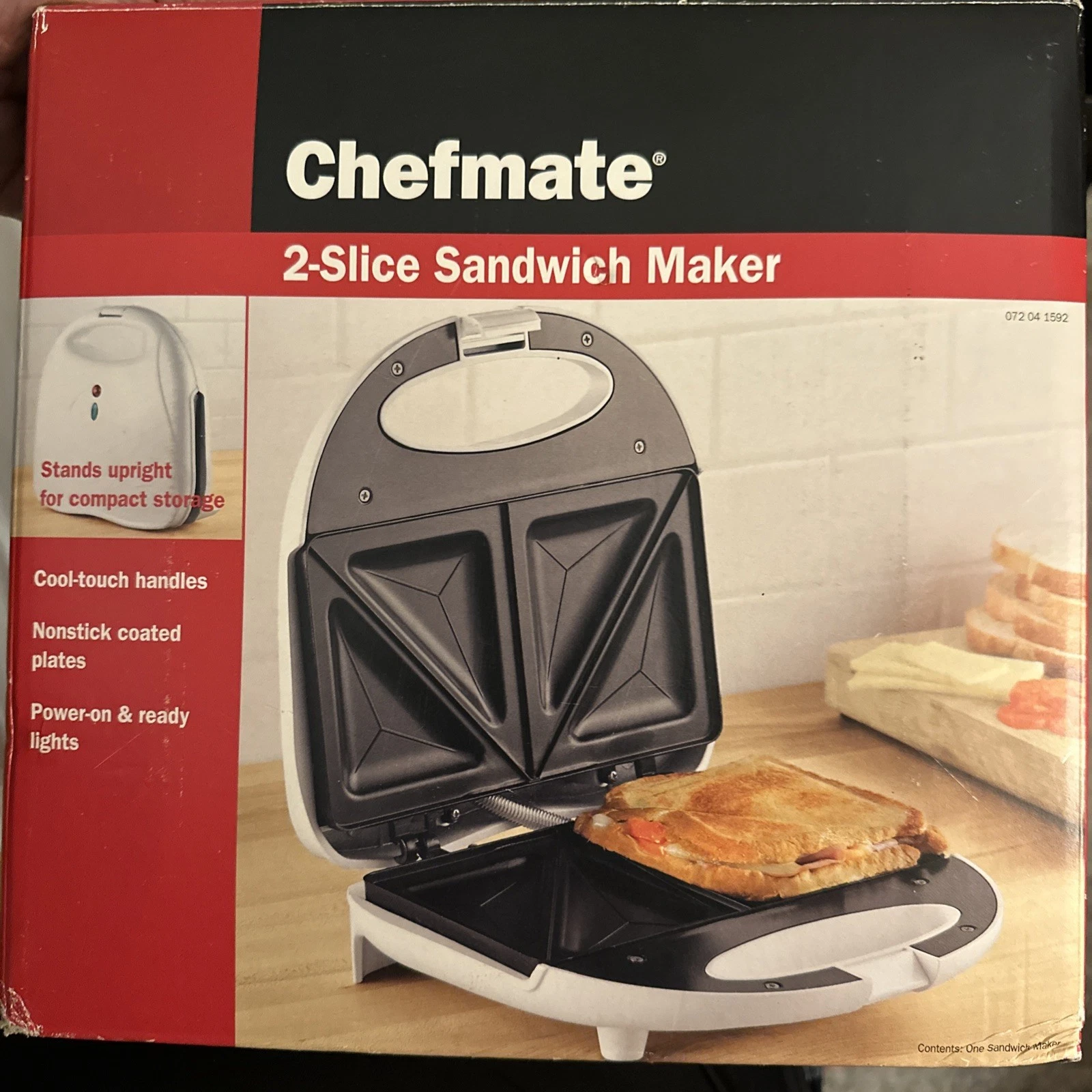 NEW Chefmate 2 Slice Sandwich Maker NIB - Stands Upright for Compact Storage