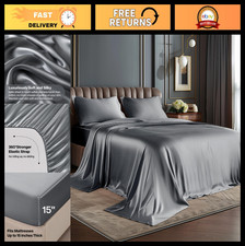 Luxury King Size Dark Grey Satin Sheet Set - Soft, Silk-Like, 4 Pieces, Deep Poc