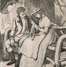 1881 Woodcut Printing Lovers Sitting On Wood Hewn Bench Victorian Art DWQQ20