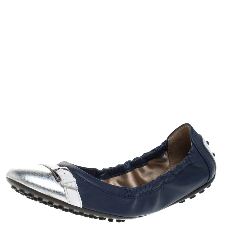 TOD’S Piatti da balletto scrunch blu argento in pelle punta di piedi taglia 36 5