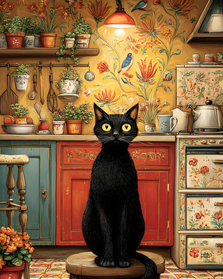 8x10 Cozy Storybook Black Cat Sitting on Stool in Kitchen Art Print - 825921754