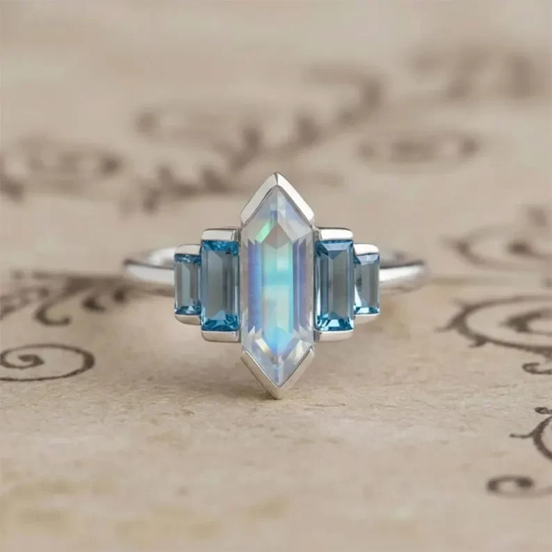 Rainbow Moonstone Blue Topaz Sterling Silver Ring | Art Deco Statement Jewelry View 4