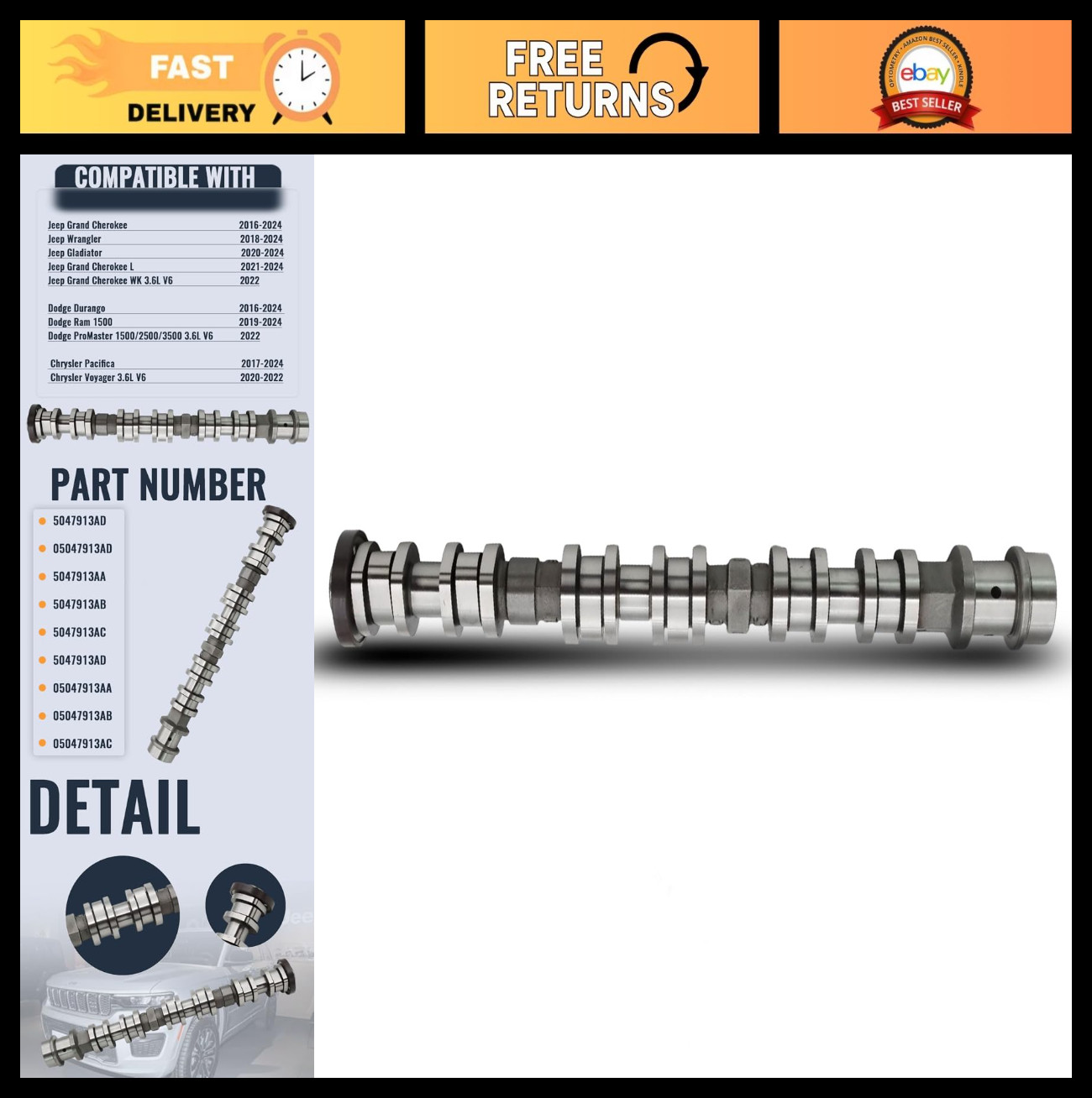 Right Side Intake Camshaft for Jeep Grand Cherokee, Gladiator, Wrangler, Dodge D